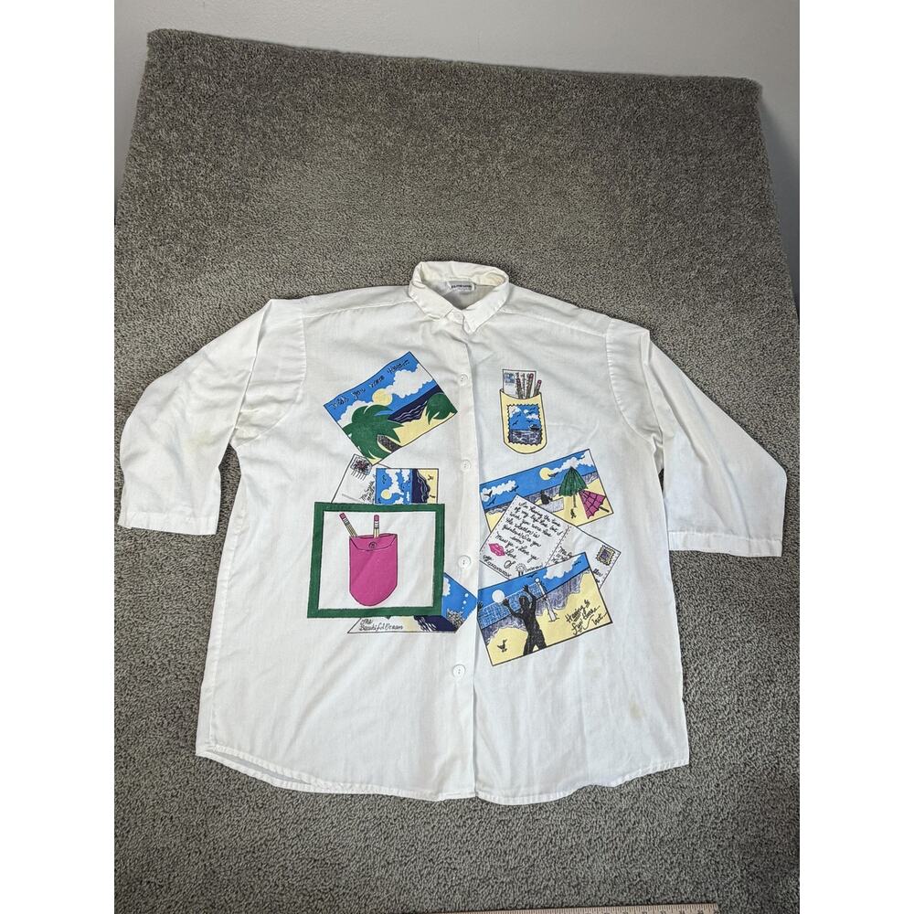 Vintage ISLAND SANDS Shirt Womens OS Button Up Tunic Rayon Collared 3/4 Sleeve